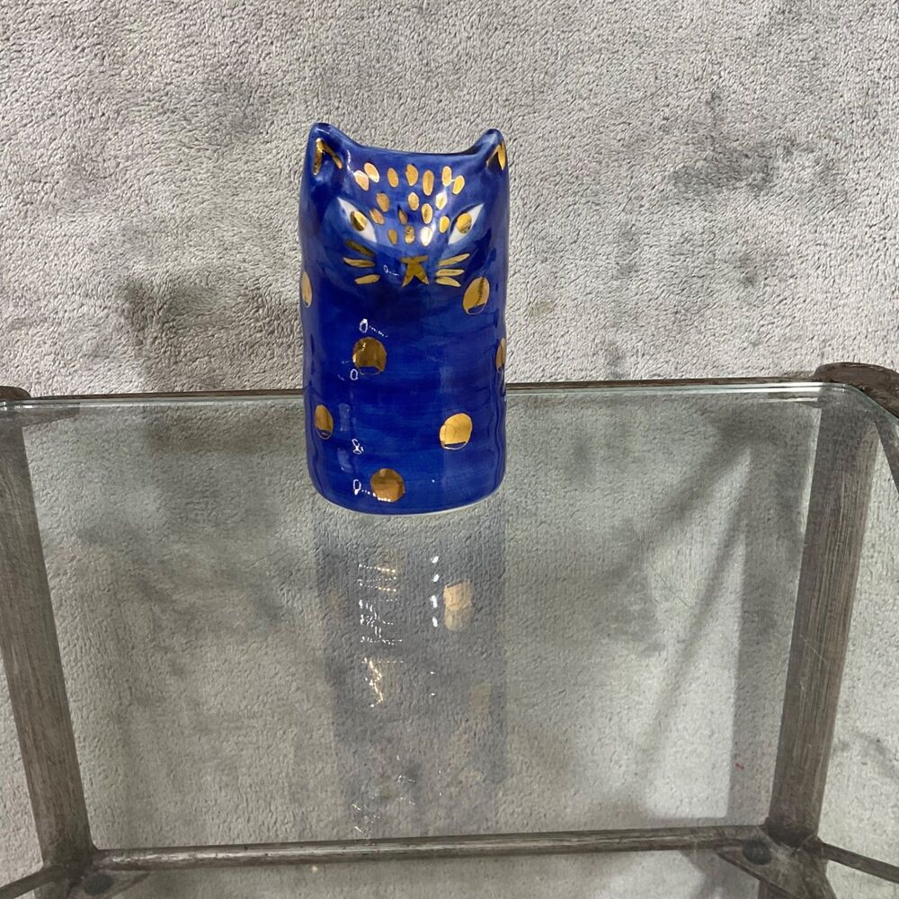 Bird Can Fox for Anthropologie Ceramic Cat-Shaped Vase Brush pen holder blue/gld